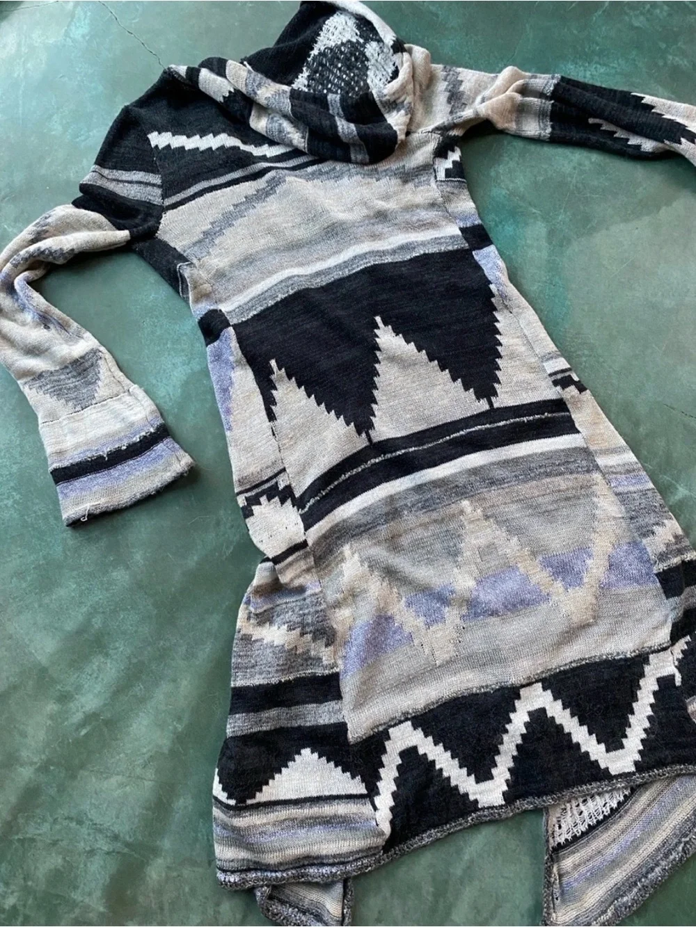 Free People Long Black and Cream Knit Cardigan with Hoodie